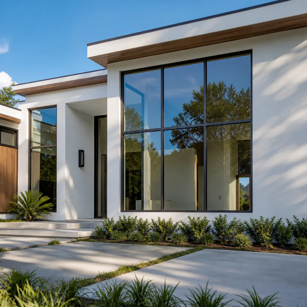 Modern home exterior with large custom geometric floor-to-ceiling windows in Atlantis, FL