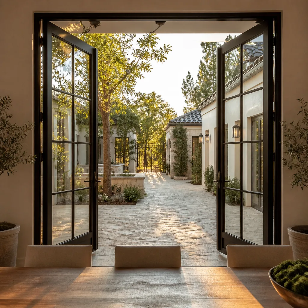 Black-framed French doors opening to a sunlit stone courtyard in Atlantis, FL