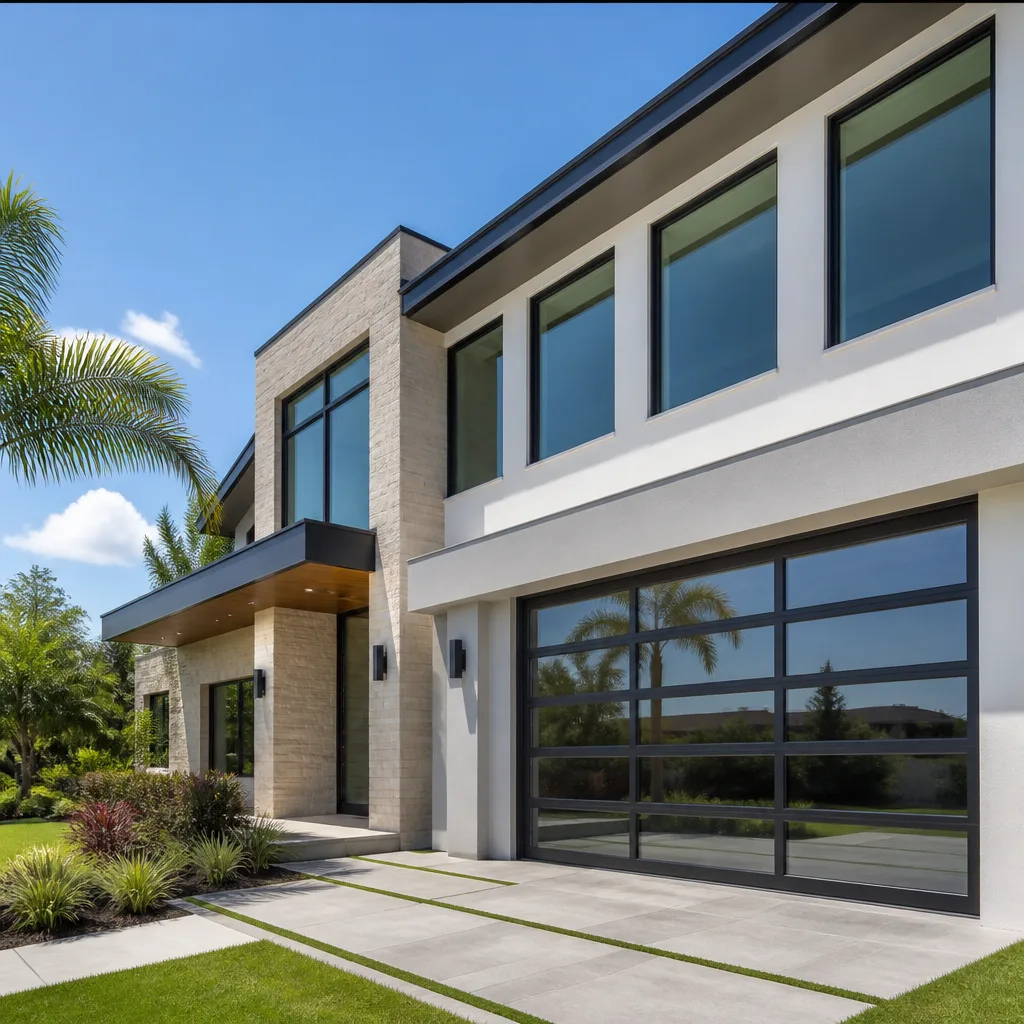 Modern luxury home featuring high-quality impact-resistant glass garage doors in Boynton Beach, FL