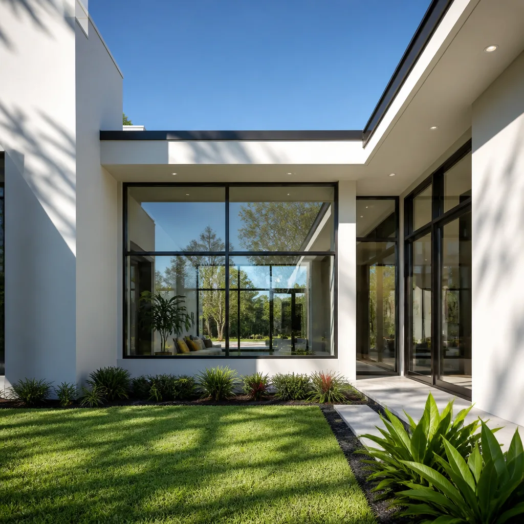 Modern home exterior with large energy-efficient impact windows and glass doors