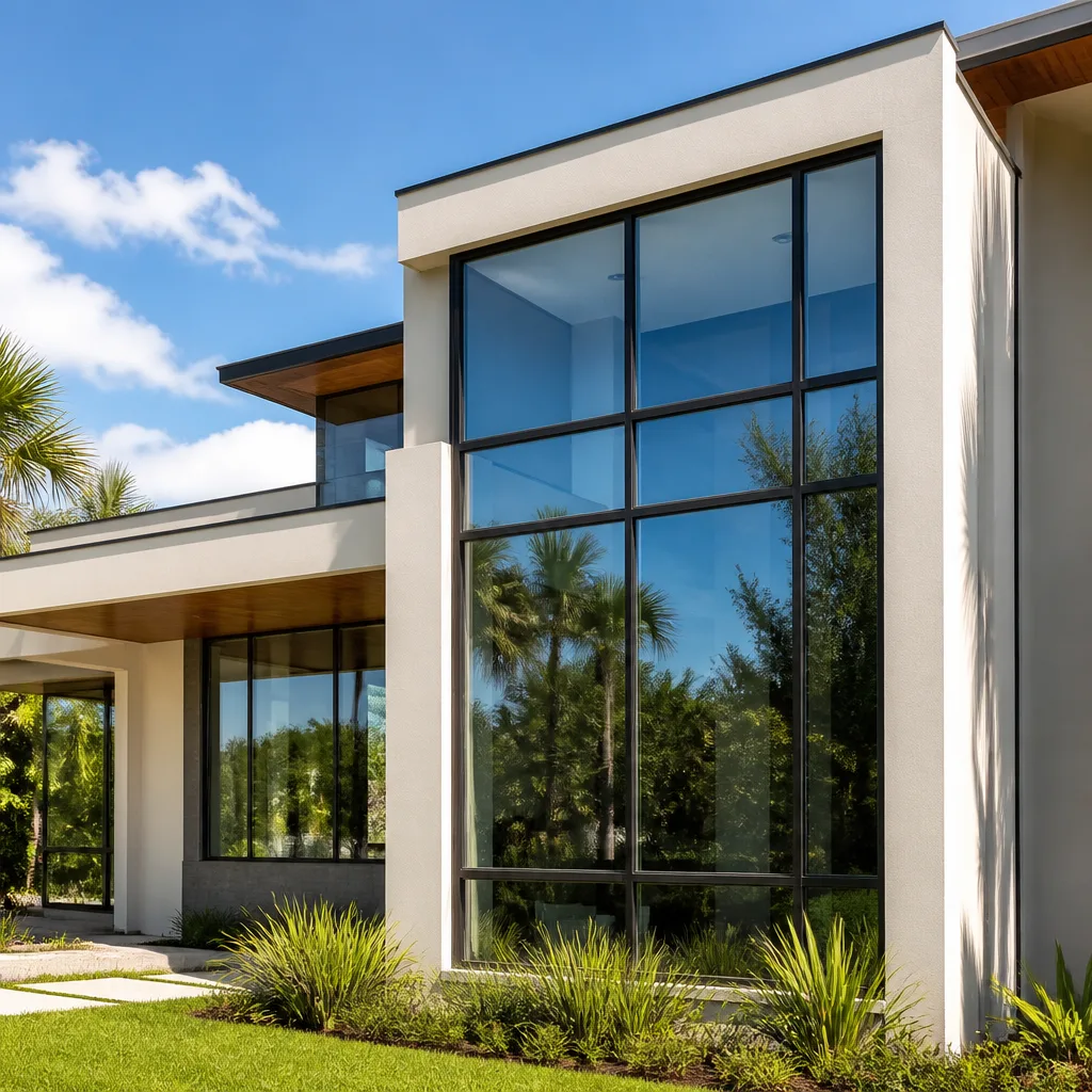Modern house exterior with high-end black frame impact windows