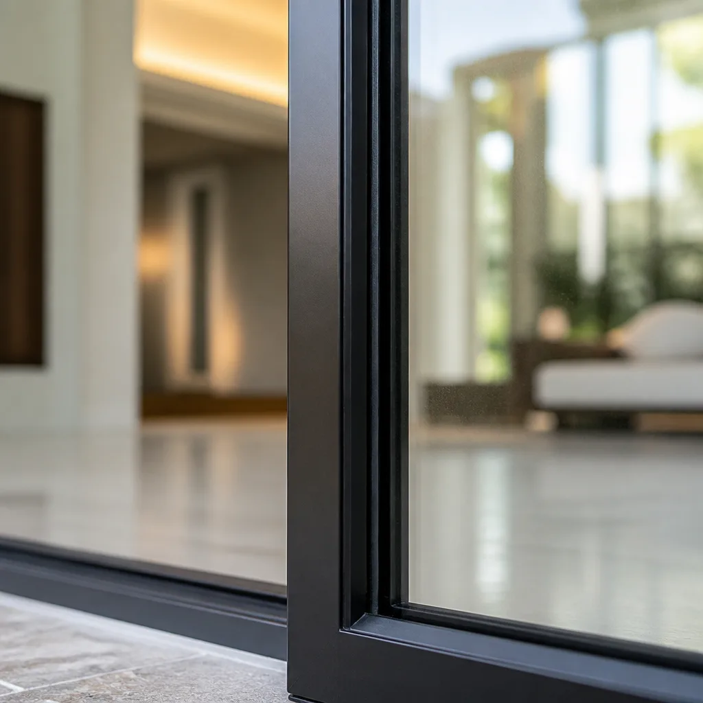 Modern black aluminum sliding impact door frame installed in luxury home