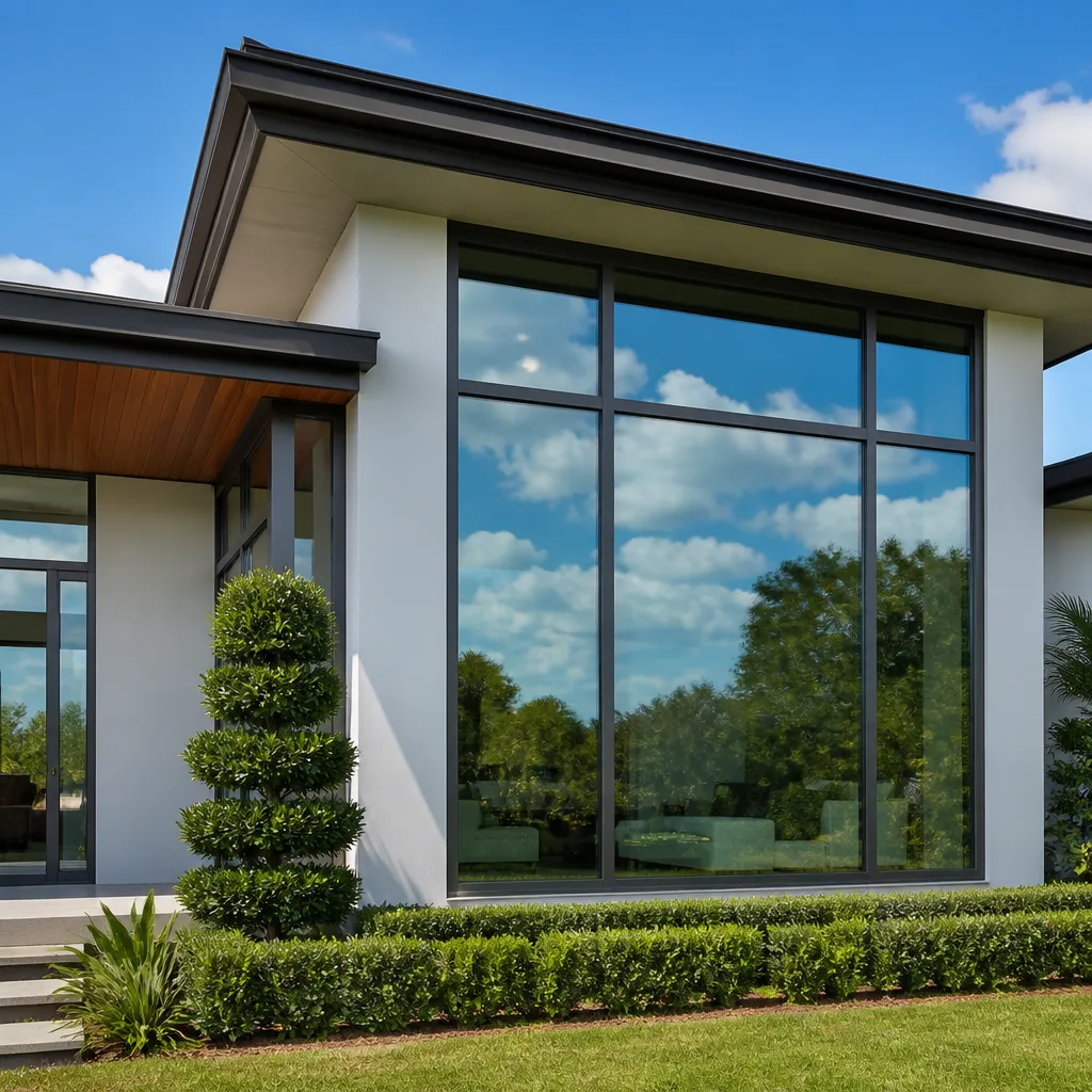 Modern residential home exterior with large energy-efficient windows and glass doors in Atlantis, FL