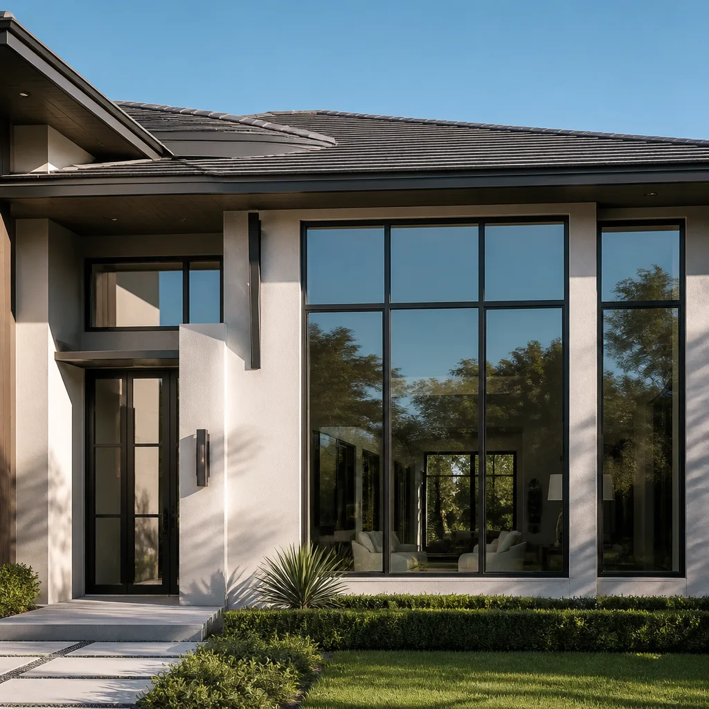 Modern residential home with large floor-to-ceiling glass windows and roof installation. in Westgate, FL