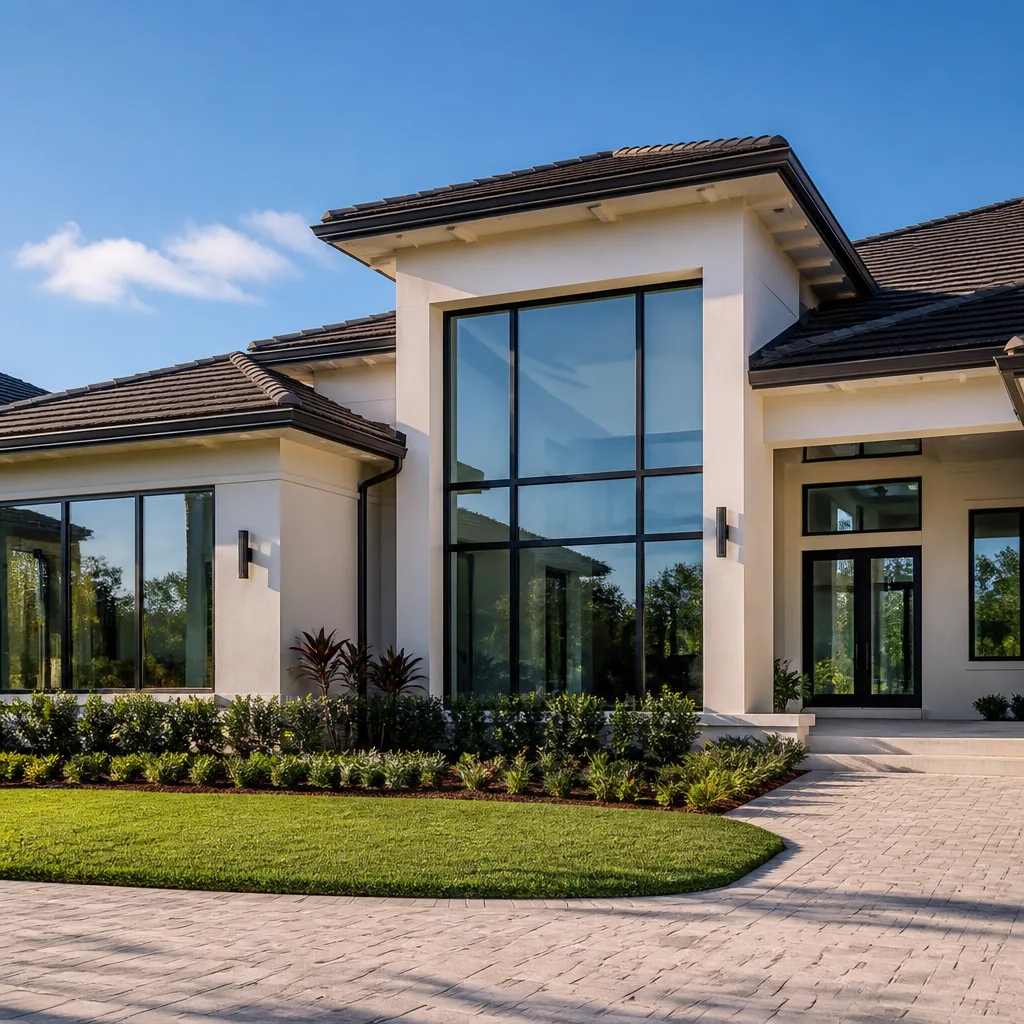 Modern house exterior with large architectural windows and tile roofing in Atlantis, FL