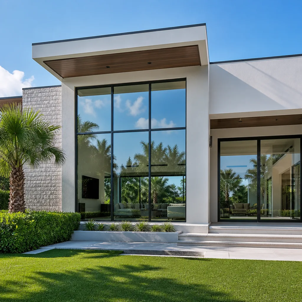 Modern home with floor to ceiling glass windows and sliding patio doors in Greenacres, FL