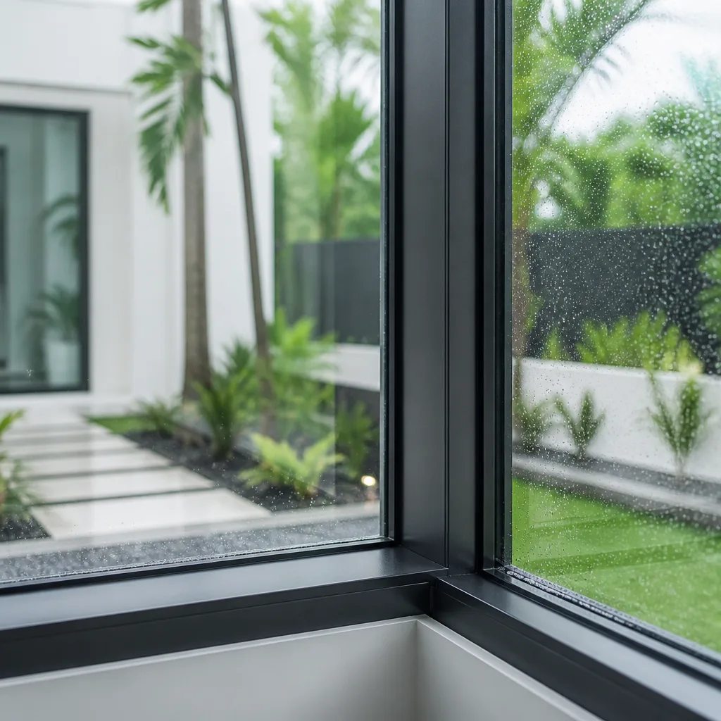 Modern black-framed window installation overlooking a lush residential garden